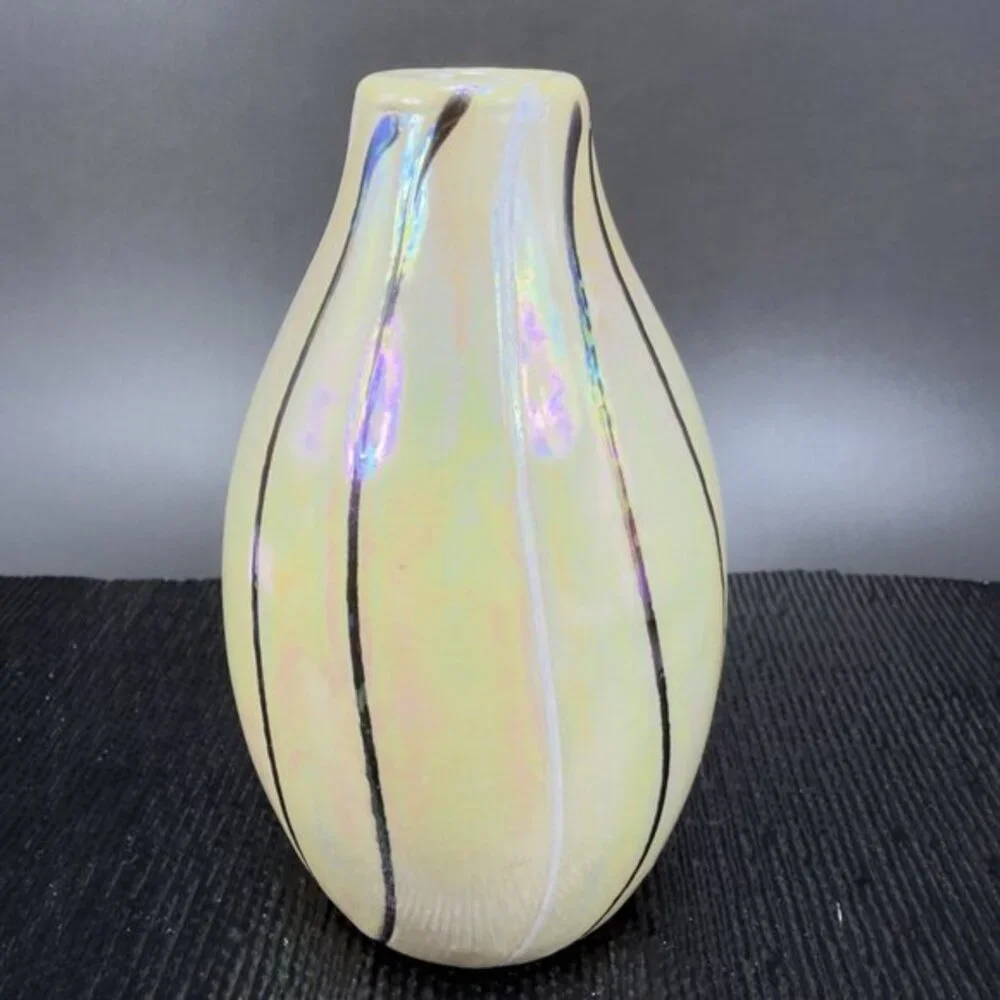 Vintage Ceramic Bud Vase With Yellow Shiny Iridescent‎ Finish Black White Lines